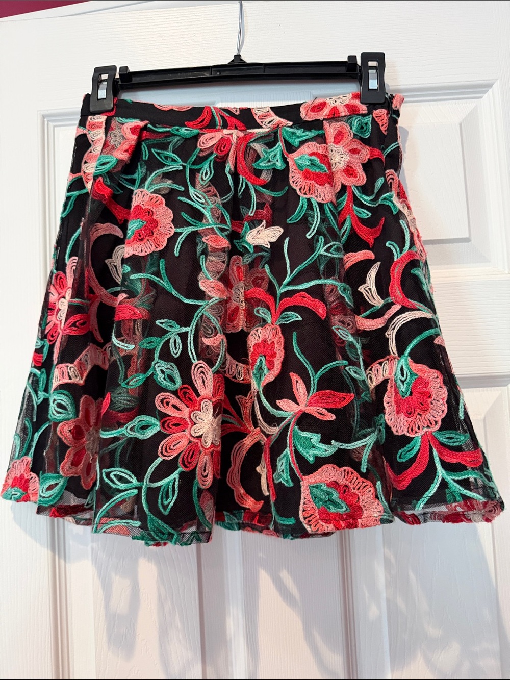 Forever 21 Black Skater Skirt with Pink & Green Floral Embroidery